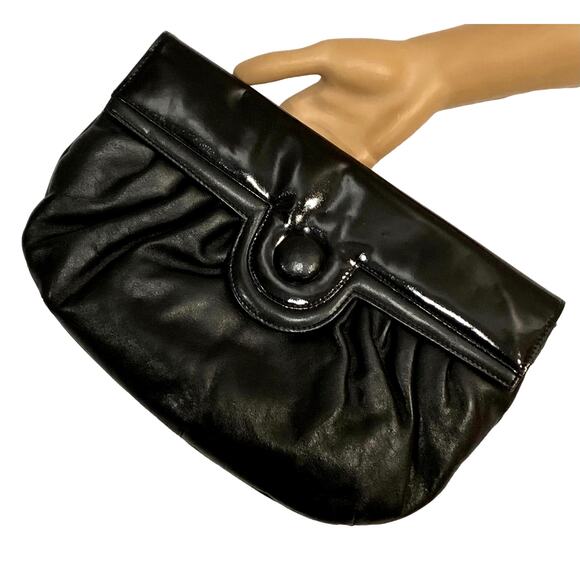 Vintage 80s Large Black Patent and Matte Leather Oversized Clutch - Picture 1 of 10